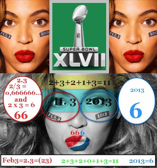 beyonce illuminati SUPER BOWL 2013 - Beyonce Super Bowl 2013 -11, 13, 666.PNG